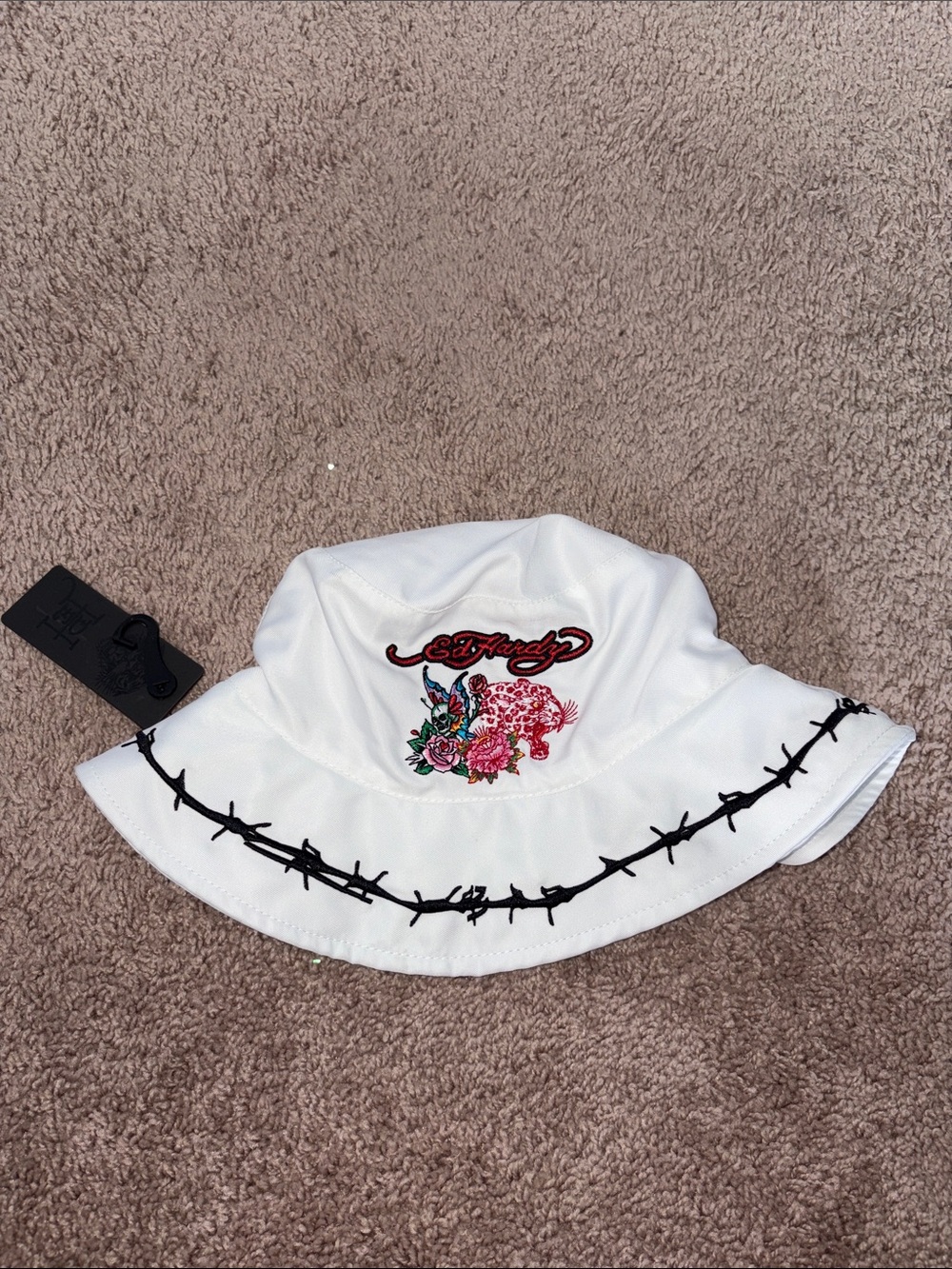 Ed Hardy White Bucket Hat with Floral Embroidery and Black Barbed-Wire Trim